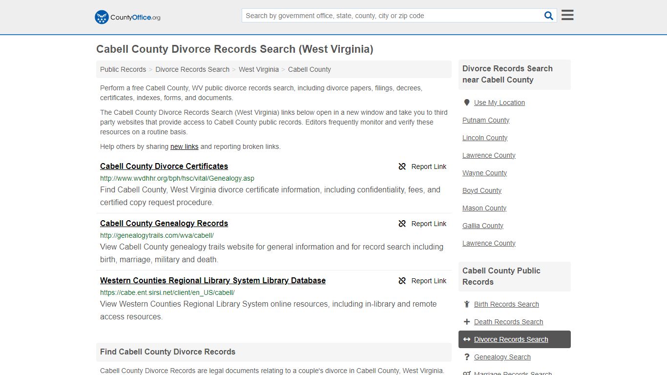 Cabell County Divorce Records Search (West Virginia)