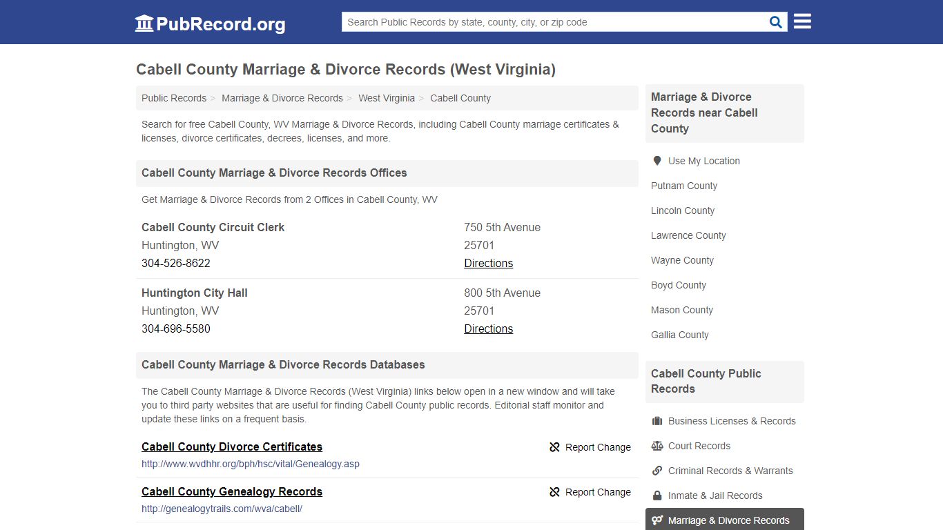 Cabell County Marriage & Divorce Records (West Virginia)
