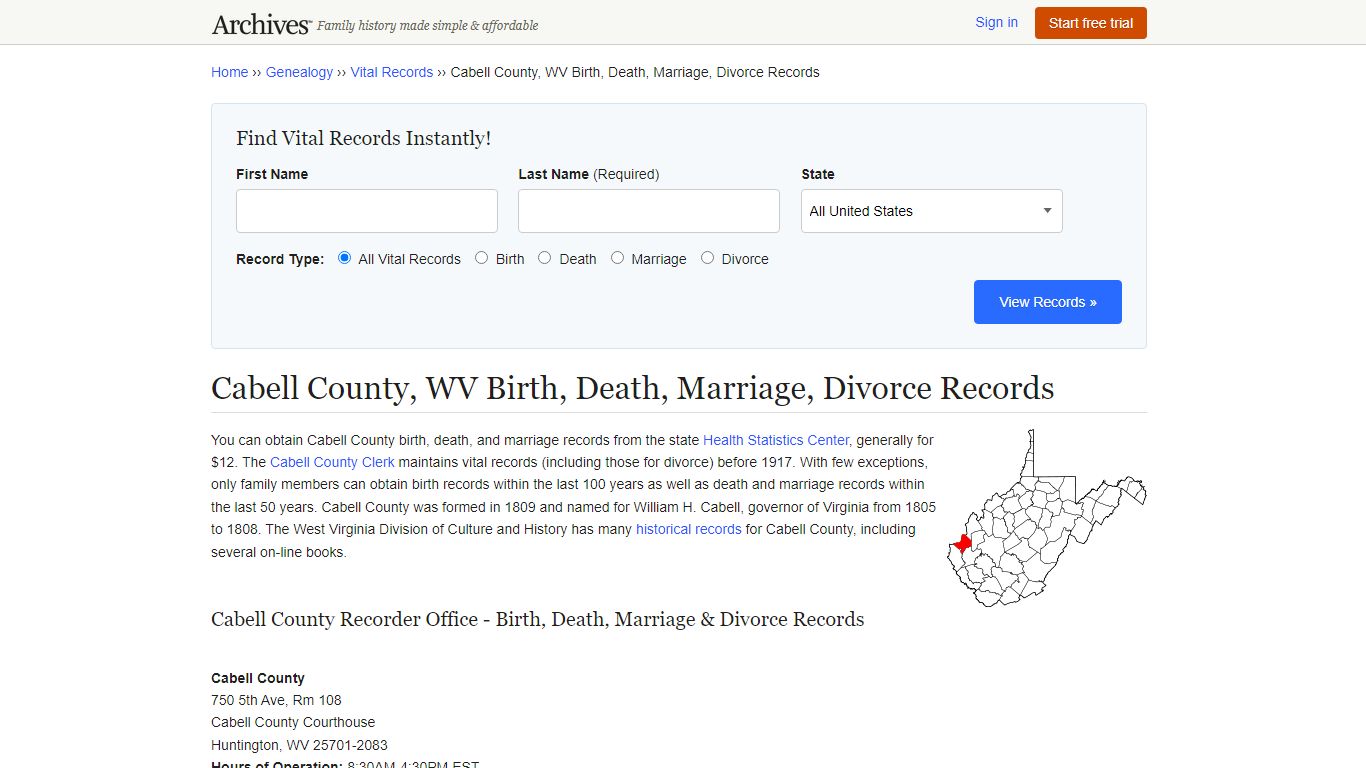 Cabell County, WV Birth, Death, Marriage, Divorce Records - Archives.com