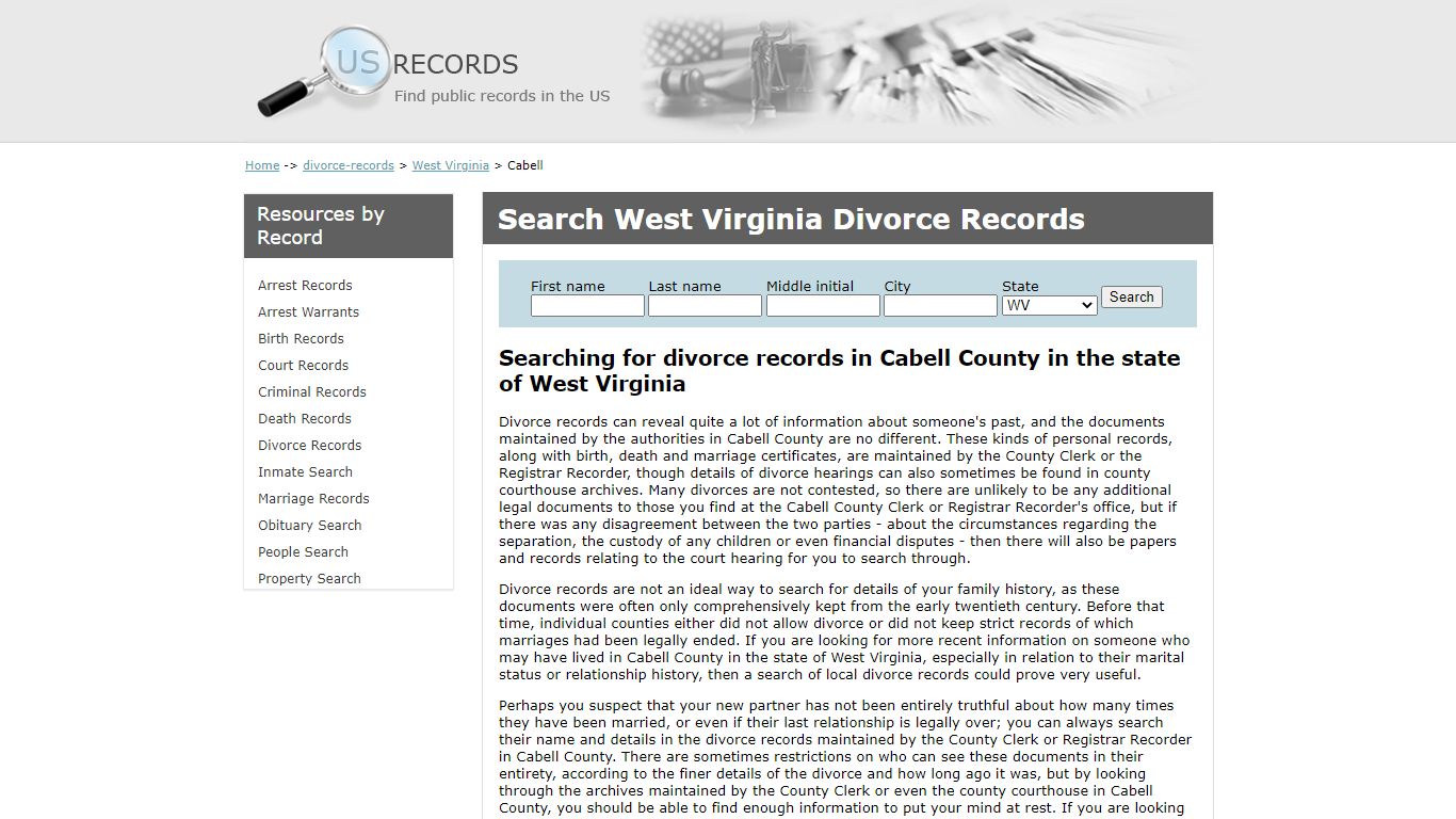 Search Divorce Records Cabell West Virginia | US Records